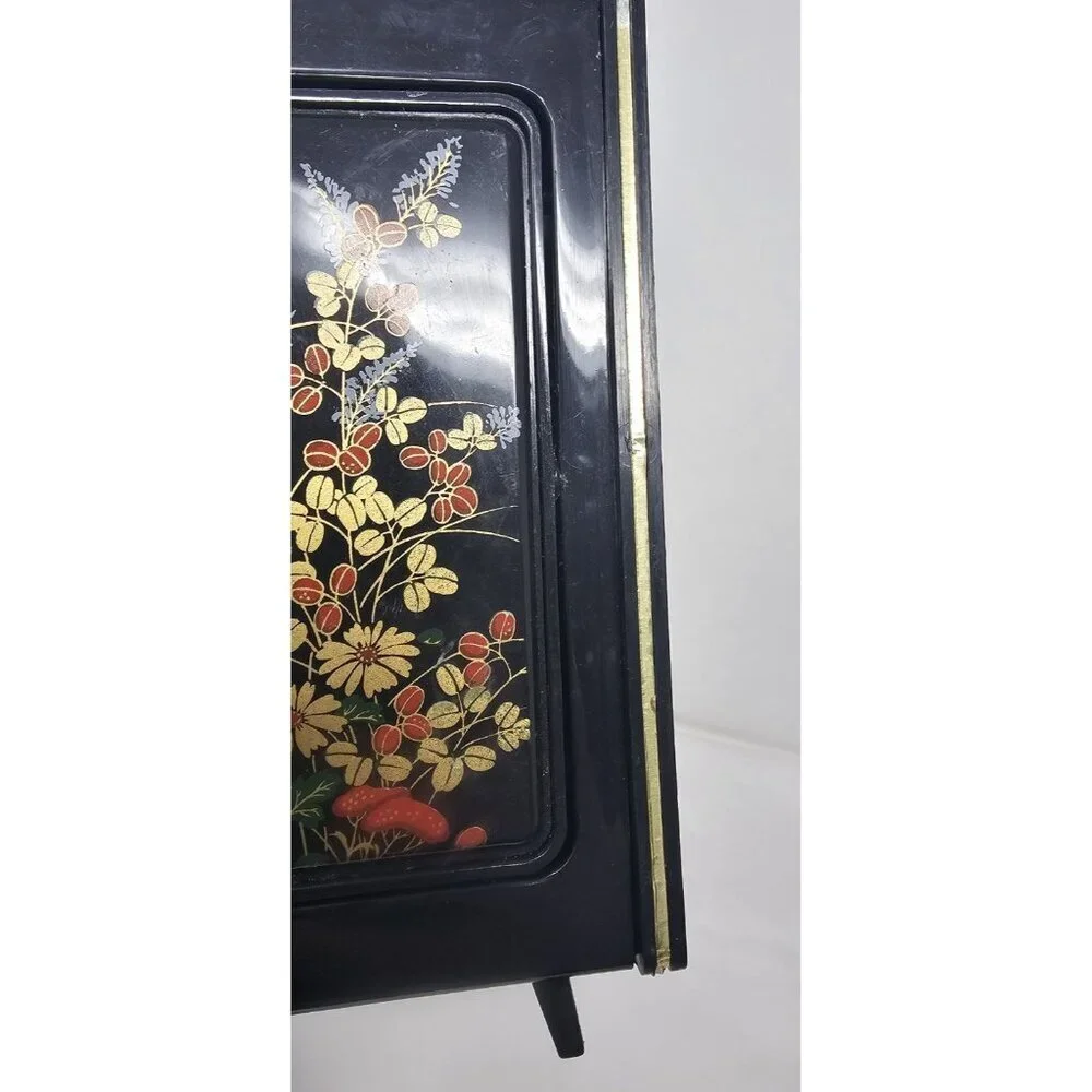 Vintage Hong Kong Black Vanity Jewelry Trinket Box Flip Rotating Mirror Floral